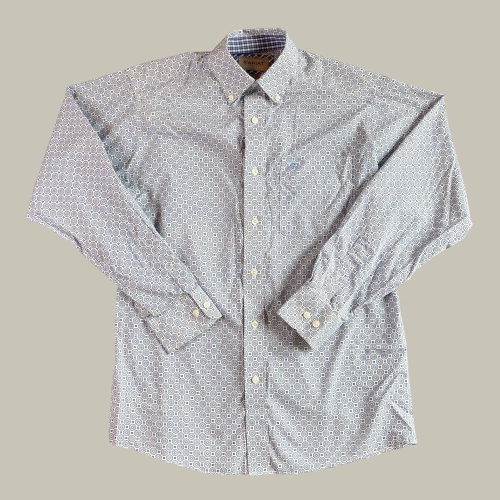 Ariat Mens Button Down Shirt S Blue Cotton Wrinkle-Free Western Rancher Preppy